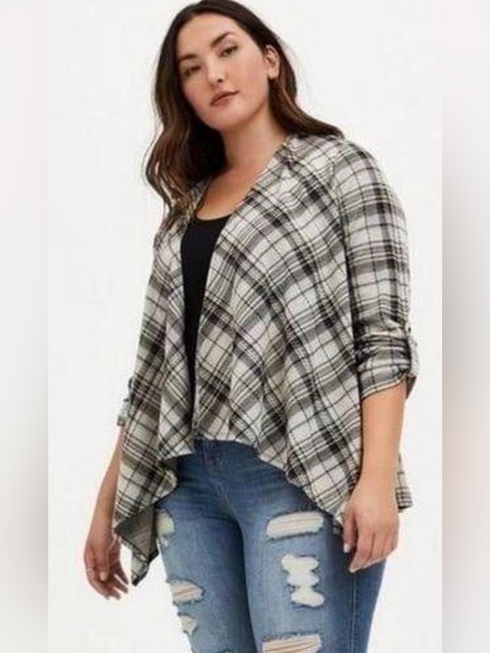 Torrid open front cardigan plaid roll tab sleeves fall collegiate academia 2X